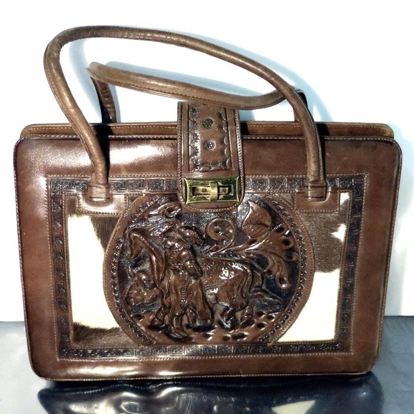 Vintage Hand Tooled Brown Leather / Calf Skin Purse Handbag, Mexico - Picture 1 of 9